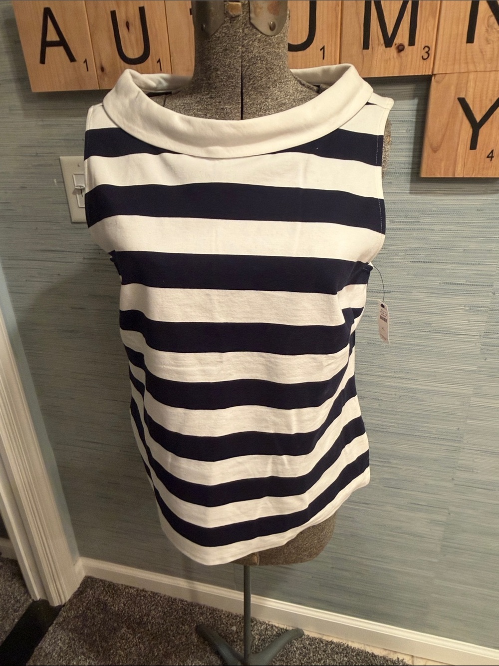 Talbots Navy + White Striped Sleeveless Boatneck Shell